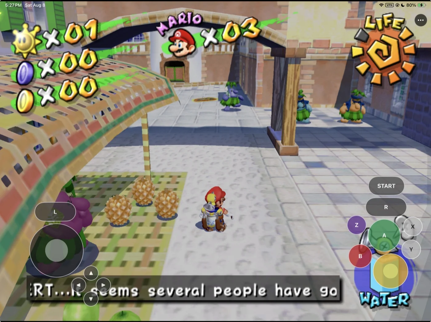 Mario en dialogue avec un habitant de la place Delfino dans Super Mario Sunshine sur SunPad