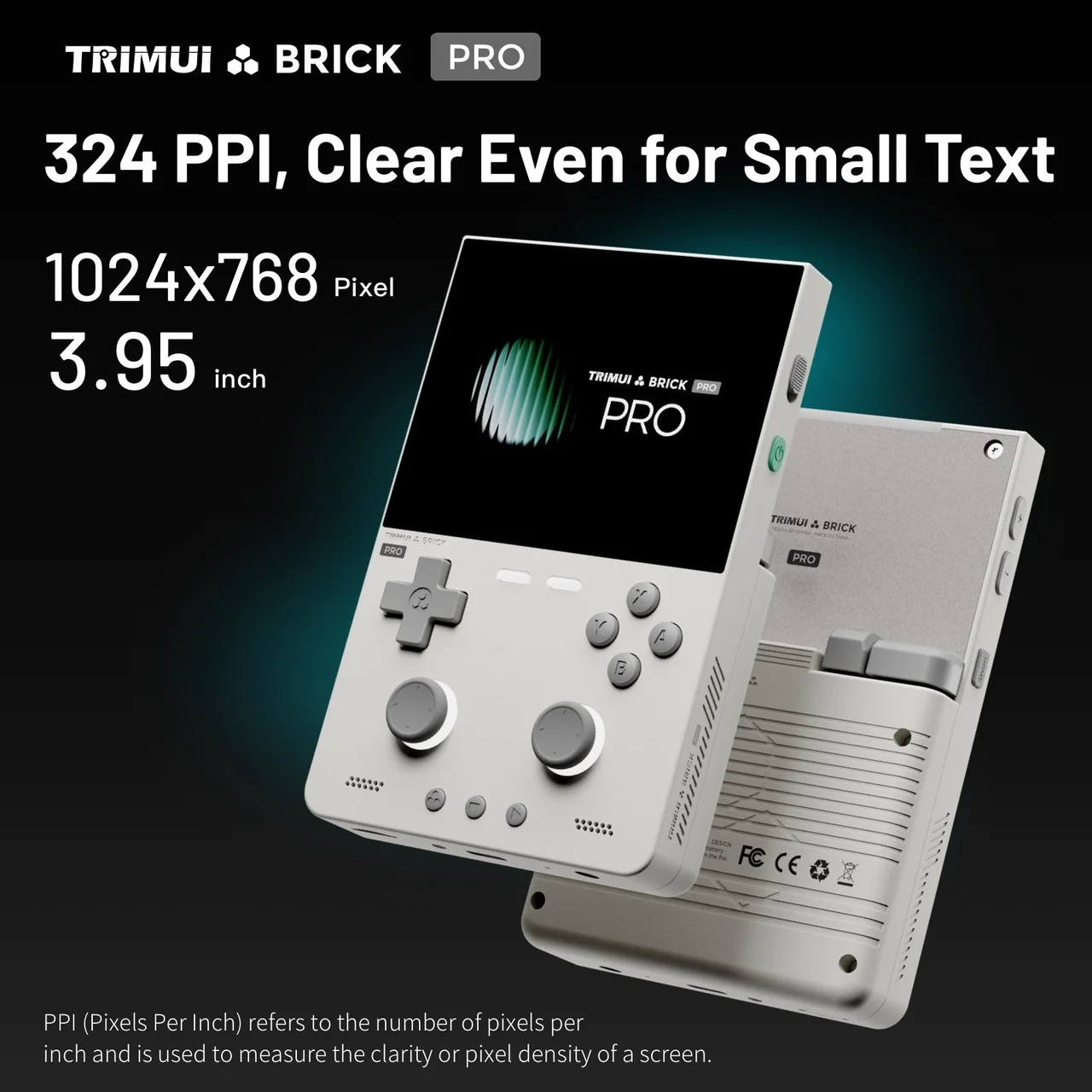 Rendu de la TrimUI Brick Pro mettant en avant son écran de 3,95 pouces à 324 points par pouce