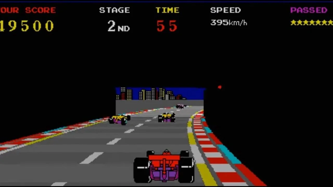 Capture de gameplay de TX-1 montrant la vue du cockpit sur la route nocturne