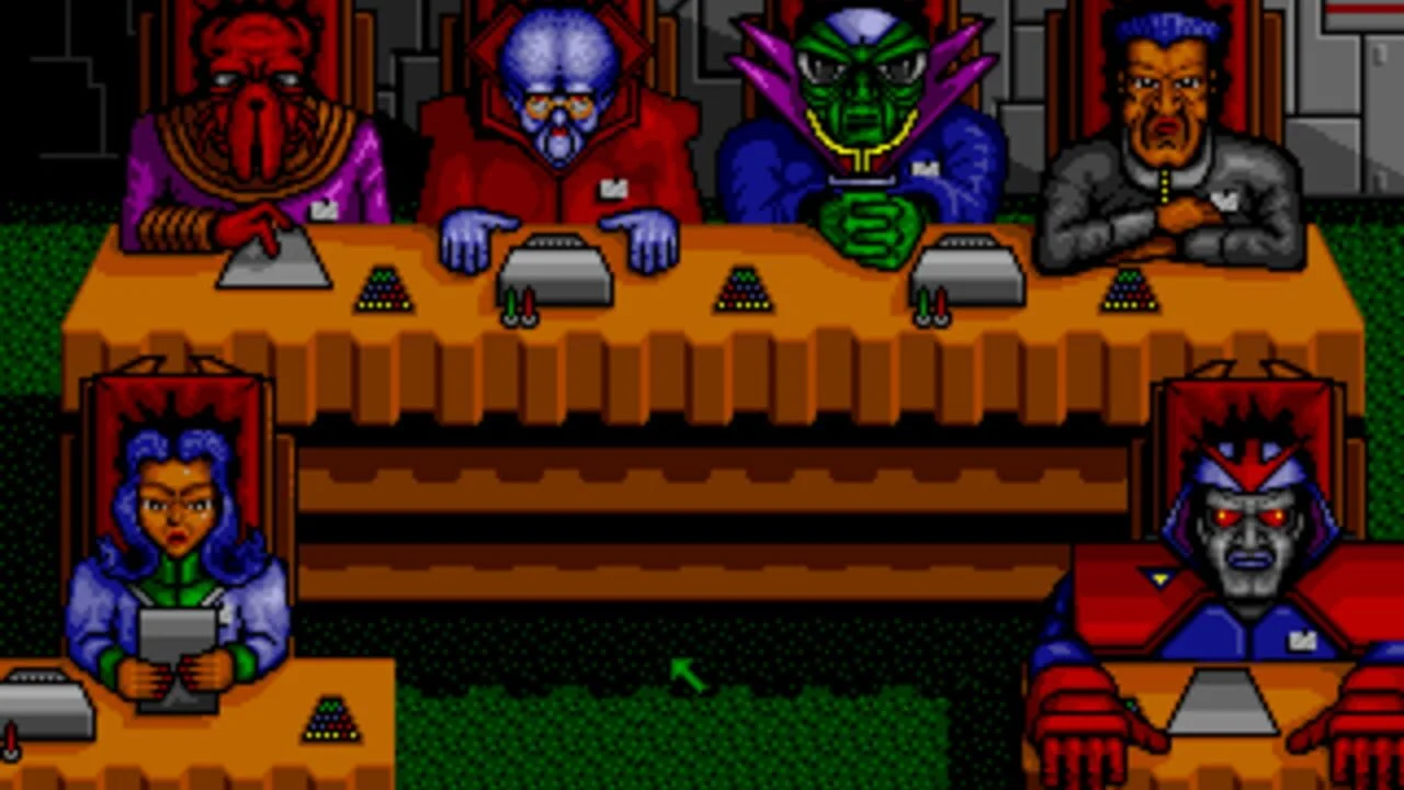 Une autre capture d'Utopia sur Super Nintendo, montrant la gestion de la colonie et les indicateurs de qualité de vie