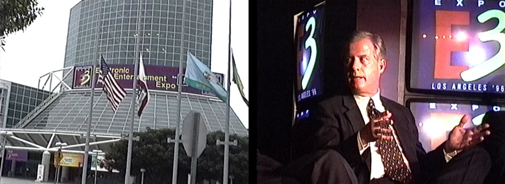 Photo de l'extérieur du centre de congrès de Los Angeles lors de l'E3 1996, et du PDG de Sega of America Tom Kalinske sur scène