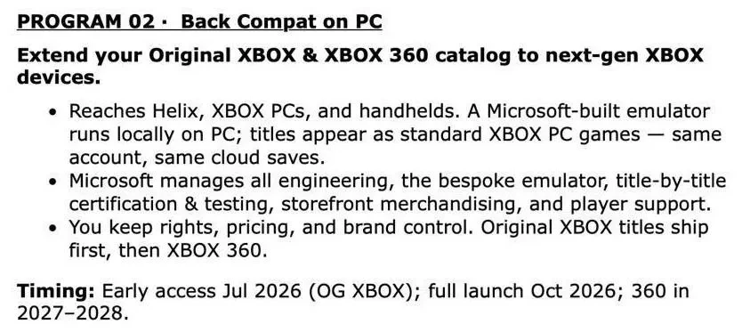 Extrait du document interne Microsoft détaillant le programme de rétrocompatibilité Xbox originale et Xbox 360 sur PC, Helix et consoles portables