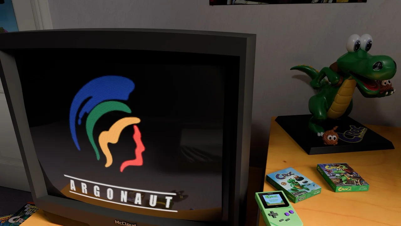 Vignette de la vidéo d'Argonaut : le logo Argonaut sur un téléviseur cathodique, à côté d'une statuette de Croc