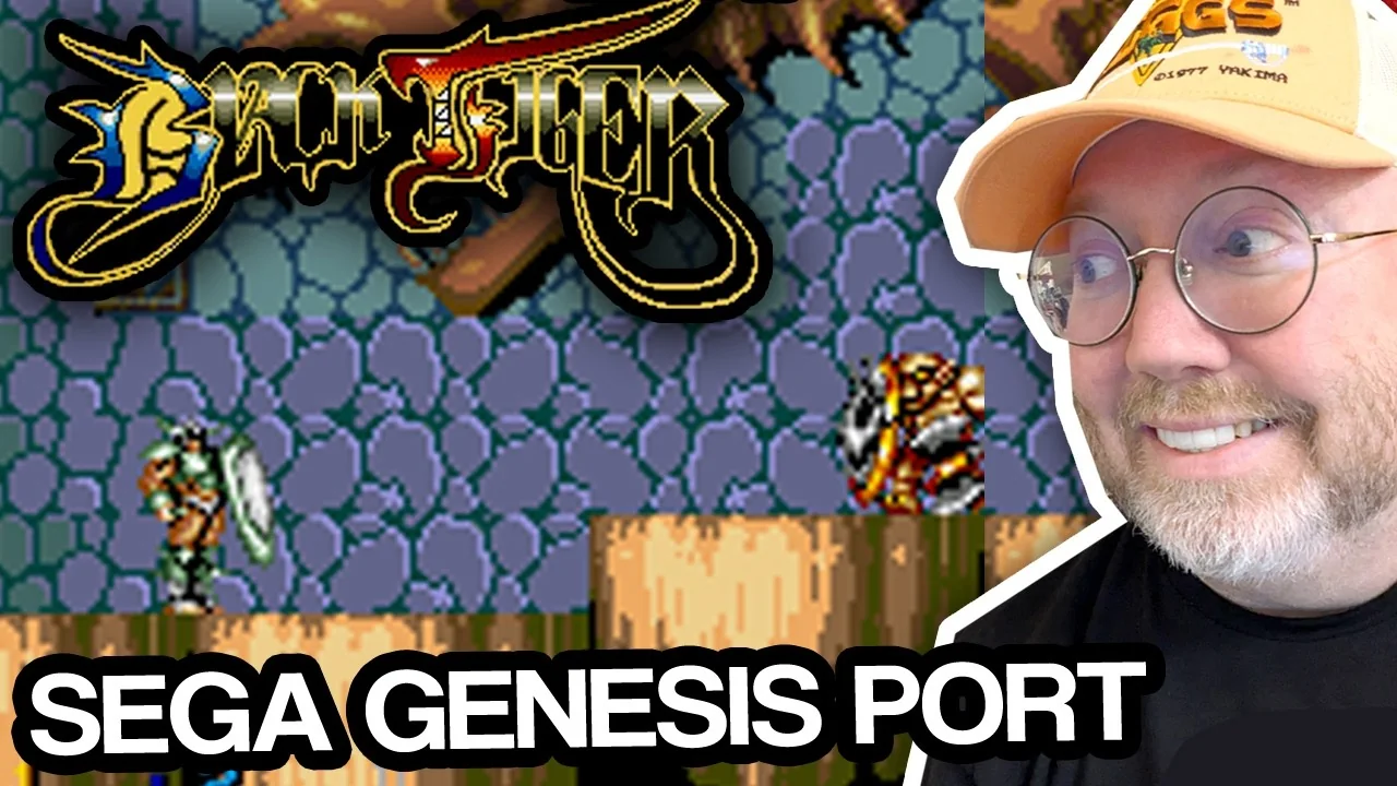 Vignette de la vidéo : une scène du portage avec le logo Black Tiger en haut, le héros dans une caverne, le visage souriant du vidéaste à lunettes et casquette à droite, et la mention SEGA GENESIS PORT