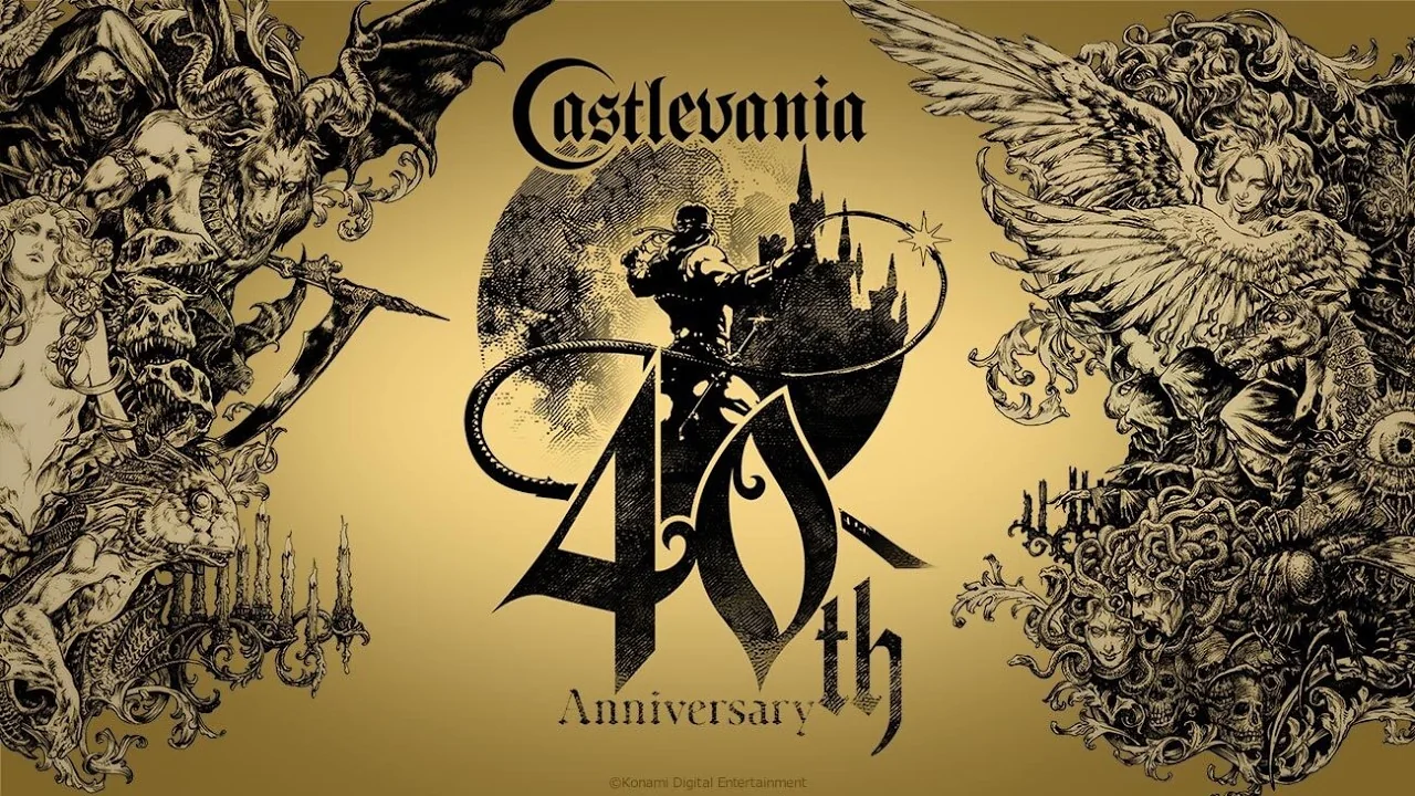 Vignette de la bande-annonce : le visuel doré des 40 ans de Castlevania, avec le logo de la série, la silhouette d'un chasseur au fouet devant la lune et un château, et la mention 40th Anniversary