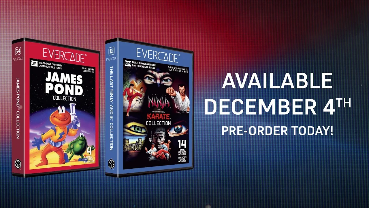 Vignette de la bande-annonce : les boîtes Evercade de James Pond Collection et de The Last Ninja and International Karate Collection, à côté du texte « Available December 4th, pre-order today! »