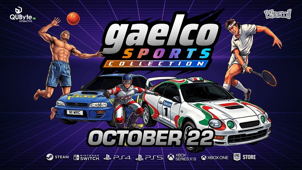 Vignette de la bande-annonce : le logo Gaelco Sports Collection entouré d'un joueur de volley, d'un snowboardeur, de deux voitures de rallye et d'un joueur muni d'une raquette, avec la date OCTOBER 22 et les logos des plateformes