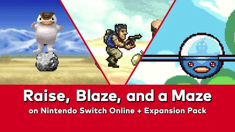 Image de la vidéo de Nintendo of America : un monstre de Monster Rancher Advance, un soldat de Metal Slug Advance et Kururin dans son Helirin, au-dessus du titre Raise, Blaze, and a Maze
