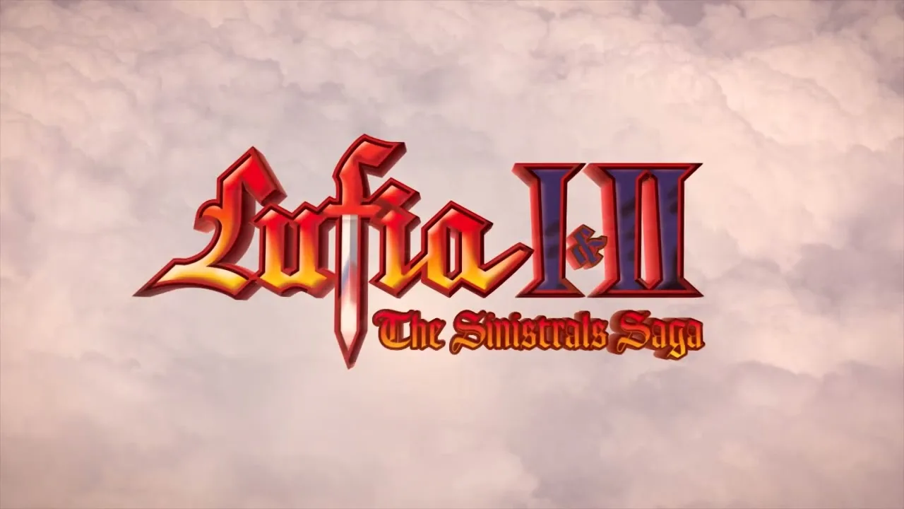 Vignette de la bande-annonce de Lufia I & II The Sinistrals Saga : le logo du jeu, lettres rouges et dorées traversées d’une épée, sur un fond de nuages