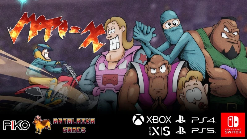 Vignette de la bande-annonce de Moto X : le logo du jeu, les personnages de la bannière et un pilote sur une moto rouge