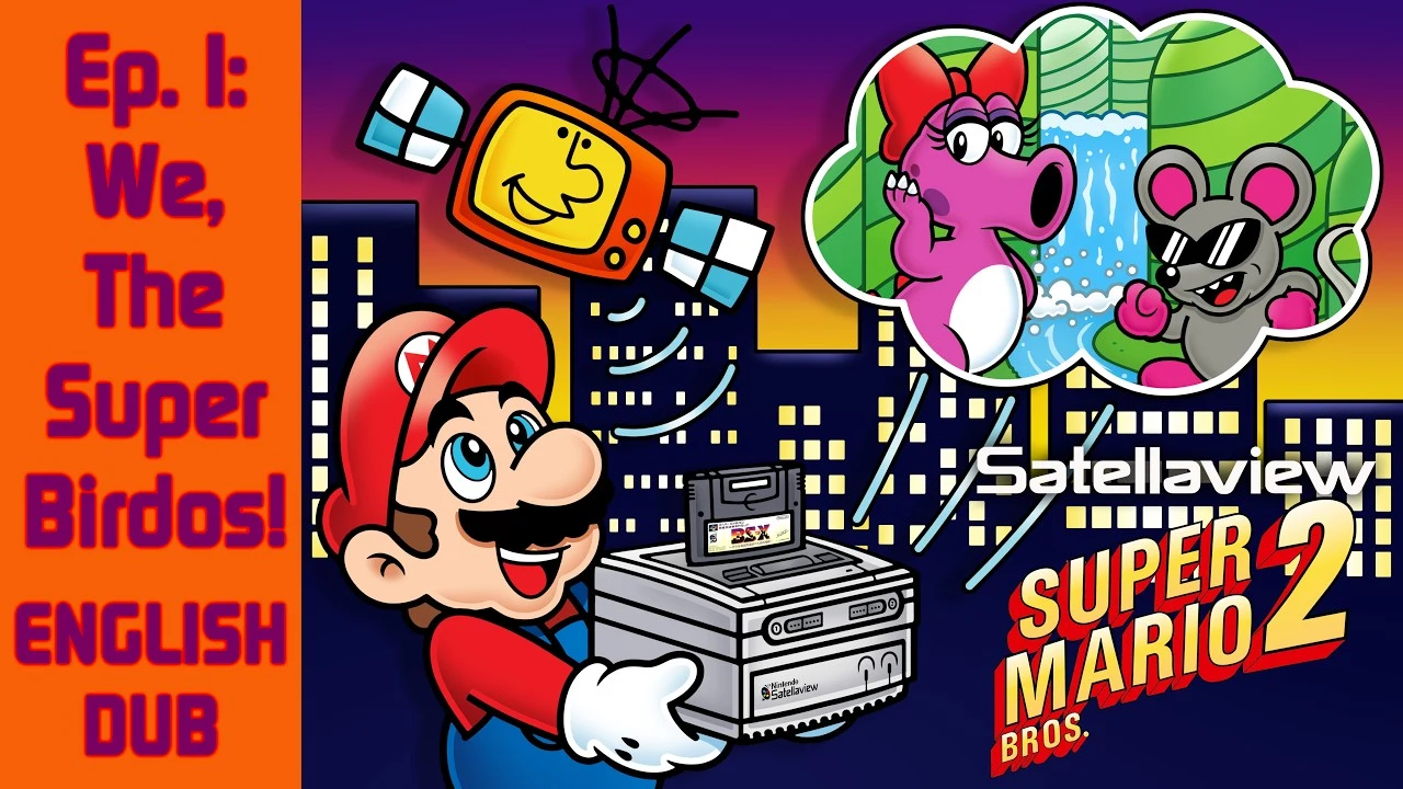 Vignette de la vidéo de l'épisode 1 doublé en anglais : Mario tenant une console Satellaview, avec le logo Satellaview Super Mario Bros. 2 et la mention Ep. 1, English Dub