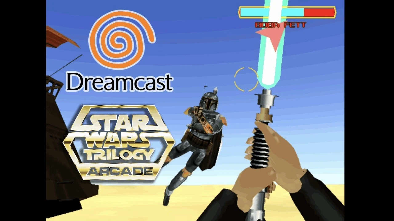 Vignette de la vidéo de ToastedGreedo : le logo Dreamcast et le logo doré Star Wars Trilogy Arcade à gauche, Boba Fett en vol face à un sabre laser et sa jauge de vie à droite