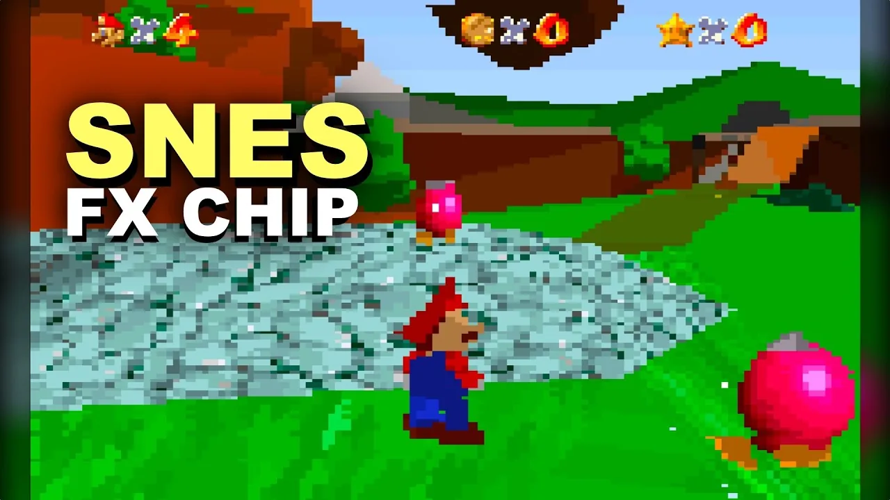 Vignette de la vidéo : Mario de dos sur un sol de dalles et d'herbe, deux Bob-ombs roses, et l'inscription SNES FX CHIP en surimpression
