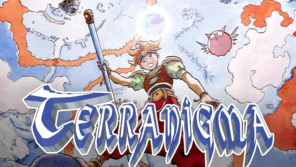 Vignette de la bande-annonce de date de sortie de Terranigma : le héros tombant, agrippé à un long bâton métallique, au-dessus du logo Terranigma