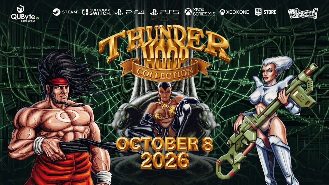 Vignette de la bande-annonce : le logo Thunder Hoop Collection, la date OCTOBER 8 2026, le héros musclé et deux autres personnages, avec les logos des plateformes en haut