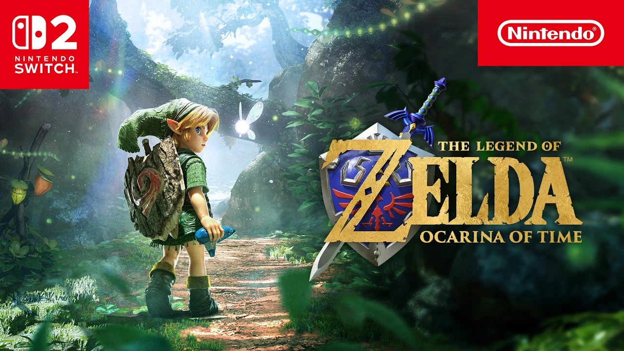 Image de la vidéo officielle : jeune Link de dos dans la forêt Kokiri face à une fée lumineuse, logos Nintendo Switch 2 et Nintendo, titre The Legend of Zelda Ocarina of Time en lettres dorées