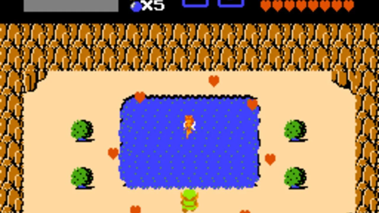 Capture de The Legend of Zelda sur NES montrant Link dans l'un des écrans du monde extérieur, avec ennemis et environnement en pixel art