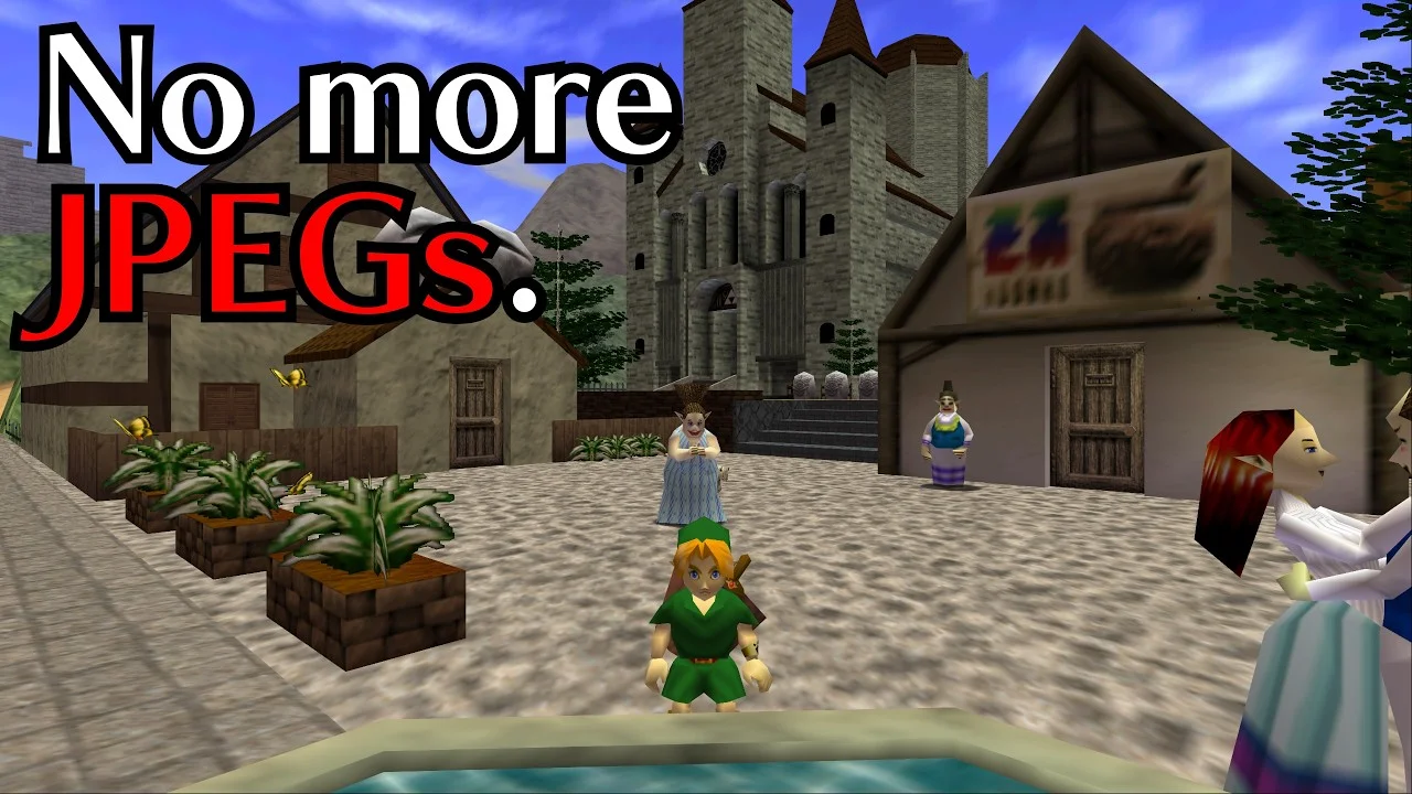Link dans le marché de la ville du Château entièrement modélisé en 3D, capture de la vidéo de démonstration du mod, avec le texte No more JPEGs à l'écran